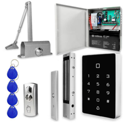 Система СКУД KIT-T12MF-350UPS с доводчиком 85, блоком резервного питания, 7Ач, сенсорная панель, mifare Готовый комплект СКУД включает все необходимое для организации надежного контроля доступа: современный контроллер  PS-T12MF с поддержкой RFID-ключей Mifare и PIN-кодов, электромагнитный замок PS-ML350 с усилием удержания 350 кг, кнопку выхода, набор ключей Mifare, блок резервного питания SP1205 и дверной доводчик PS-M85S.