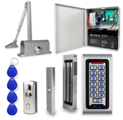 Система СКУД KIT-S601EM-180UPS с доводчиком 40, блоком резервного питания, 7Ач Готовый комплект СКУД включает все необходимое для организации надежного контроля доступа: современную кодовую панель  PS-S601EM-WP с поддержкой RFID-ключей EM Marine и PIN-кодов (до 2000 пользователей), электромагнитный замок PS-ML180 с усилием удержания 180 кг, кнопку выхода, набор ключей EM Marine, блок резервного питания SP1205 и дверной доводчик PS-M40S.