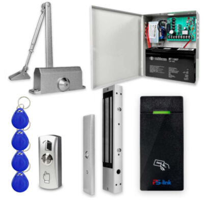 Система СКУД KIT-M010EM-350UPS с доводчиком 85, блоком резервного питания, 7Ач, 10000 карт Готовый комплект СКУД включает все необходимое для организации надежного контроля доступа: всепогодную кодовую панель  PS-M010EM-WP с поддержкой RFID-ключей EM Marine (до 10 000 уникальных карт), электромагнитный замок PS-ML350 с усилием удержания 350 кг, кнопку выхода, набор ключей EM Marine, блок резервного питания SP1205 и дверной доводчик PS-M85S.