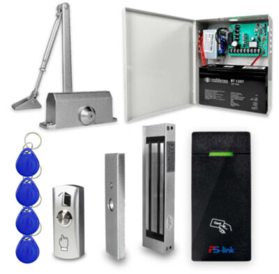 Система СКУД KIT-M010EM-180UPS с доводчиком 40, блоком резервного питания, 7Ач Готовый комплект СКУД включает все необходимое для организации надежного контроля доступа: всепогодную кодовую панель  PS-M010EM-WP с поддержкой RFID-ключей EM Marine (до 10 000 уникальных карт), электромагнитный замок PS-ML180 с усилием удержания 180 кг, кнопку выхода, набор ключей EM Marine, блок резервного питания SP1205 и дверной доводчик PS-M40S.