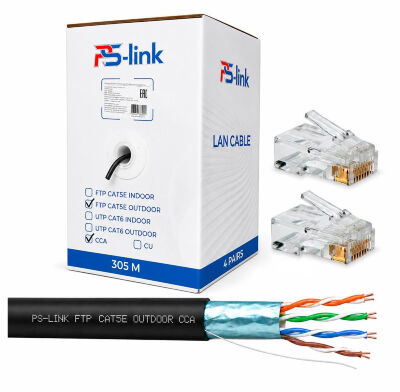 Кабель витая пара FTP4 cat.5E CCA 305 метров FTP-CCA305-OUT уличный FTP-CCA305-OUT — комплект экранированного кабеля FTP4 CAT5E длиной 305 метров и 4 коннекторов RJ-45 для прокладки сетевых линий.