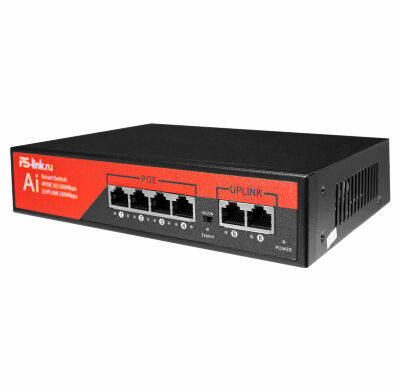 Коммутатор сетевой на 4 POE и 2 UPlink порта Ps-Link VD-206P PS-206P — компактный PoE-коммутатор для систем видеонаблюдения.