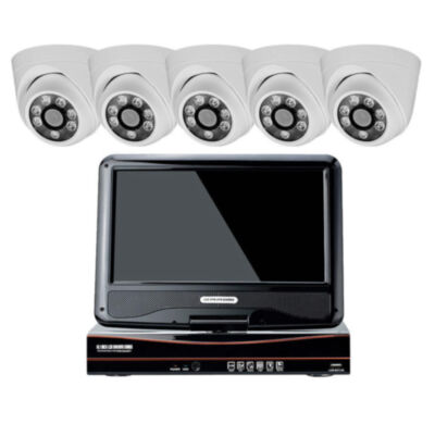 Комплект видеонаблюдения AHD 5Мп KIT-A9505HD 5 камер для помещения, регистратор с монитором KIT-A9505HD — это современный комплект видеонаблюдения, состоящий из гибридного видеорегистратора A9108HX с 10-дюймовым монитором и купольных AHD камер PS-AHD305 с разрешением 5 Мп.