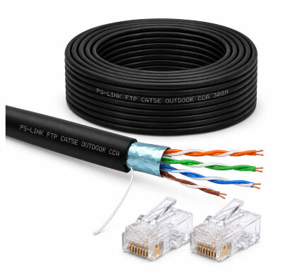 Кабель витая пара FTP4 cat.5E CCA 80 метров FTP-CCA80-OUT уличный FTP-CCA80-OUT — комплект экранированного кабеля FTP4 CAT5E длиной 80 метров и 4 коннекторов RJ-45 для прокладки сетевых линий.