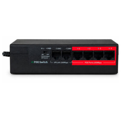 Коммутатор POE PS-204G-E 4 PoE (802.3 af/at) 10/100Mbps порта + 2 Uplink порта для IP-видеонаблюдения, дальность передачи до 250 м PoE-коммутатор на 4 порта предназначен для подключения IP-камер видеонаблюдения, точек доступа и другого сетевого оборудования с питанием по Ethernet-кабелю.