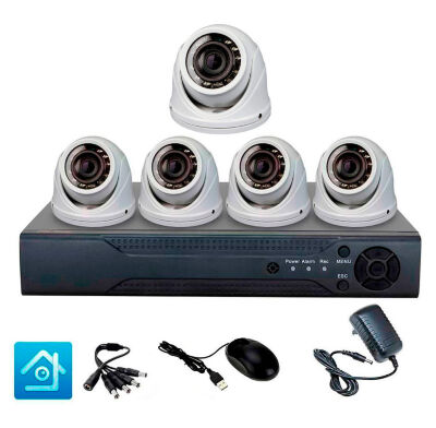 Комплект видеонаблюдения AHD 5Мп KIT-A505HDV-NC 5 камер, антивандальный, без кабеля KIT-A505HDV-NC — готовый комплект видеонаблюдения на 5 камер с 8-канальным AHD регистратором и пятью антивандальными купольными камерами 5Мп (2592?1944).