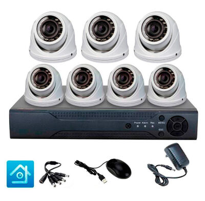 Комплект видеонаблюдения AHD 5Мп KIT-A507HDV-NC 7 камер, антивандальный, без кабеля KIT-A507HDV — готовый комплект видеонаблюдения на 7 камер с 8-канальным AHD регистратором, антивандальными купольными камерами 5Мп (2592?1944), крепёжом и блоками питания.