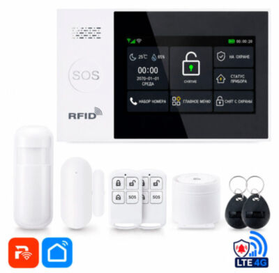 Охранная сигнализация WIFI/GSM PS-WG107-4GEU 4G LTE с сенсорным экраном 4.3", RFID ключами, 4 проводные зоны Комплект беспроводной Wi-Fi и GSM 4G сигнализации WG107-4GEU с сенсорным экраном — это современная охранная система для защиты квартиры, частного дома, офиса, магазина, склада, гаража, дачи и других объектов.
