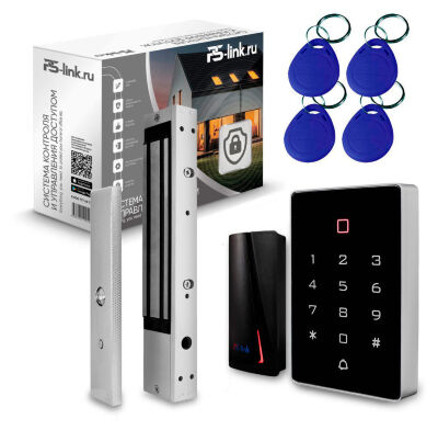 Система СКУД KIT-T12EM-P-280LED электромагнитный замок 280 кг НО типа, панель сенсорная, 2000 карт, контроль выхода Комплект СКУД KIT-T12EM-P-280 на одну легкую дверь на базе считывателя с контроллером доступа, дополнительного RFID считывателя, четырех RFID ключей, кнопкой выхода и магнитного замка с силой удержания порядка 280кг.